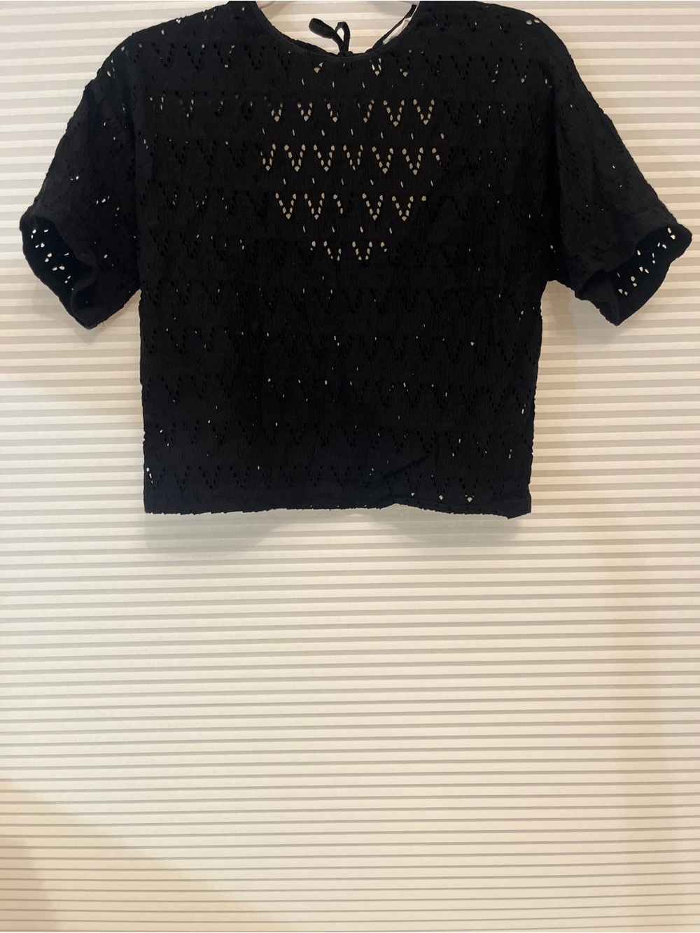 Mango Black Eyelet Short-Sleeve Cropped Top